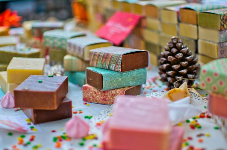 Colאוful handmade soap bars stacked