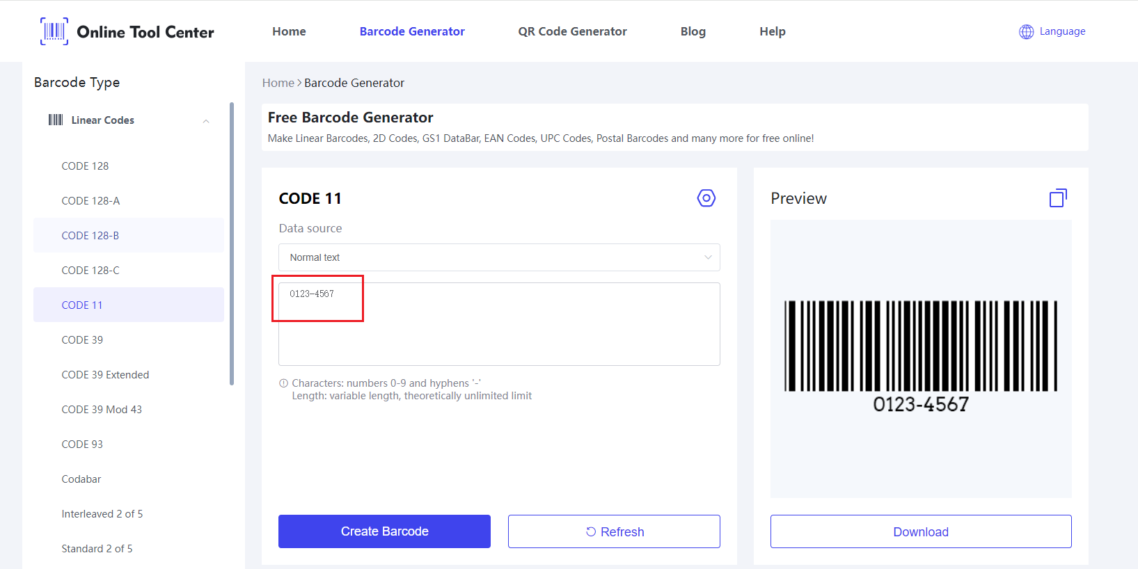 מידע הכניסה על קוד 11 Barcode Generator.png