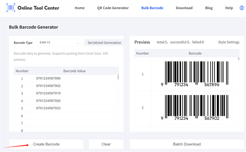 bulk generating EAN barcodes יצירת ברקודים EAN